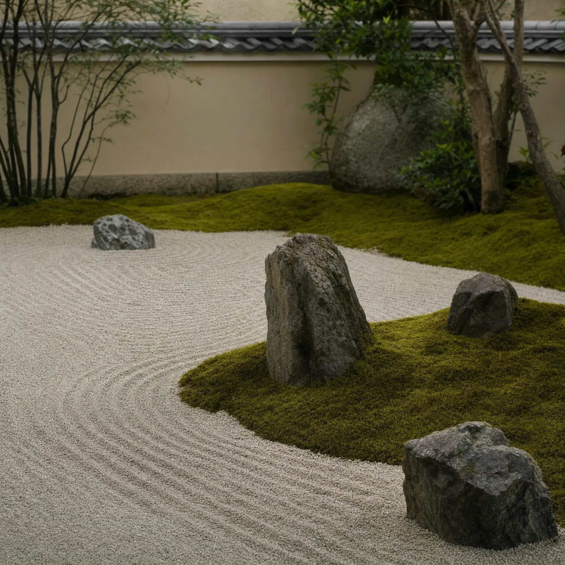 枯山水庭院景观作品:耙制的砂砾与苔藓置石